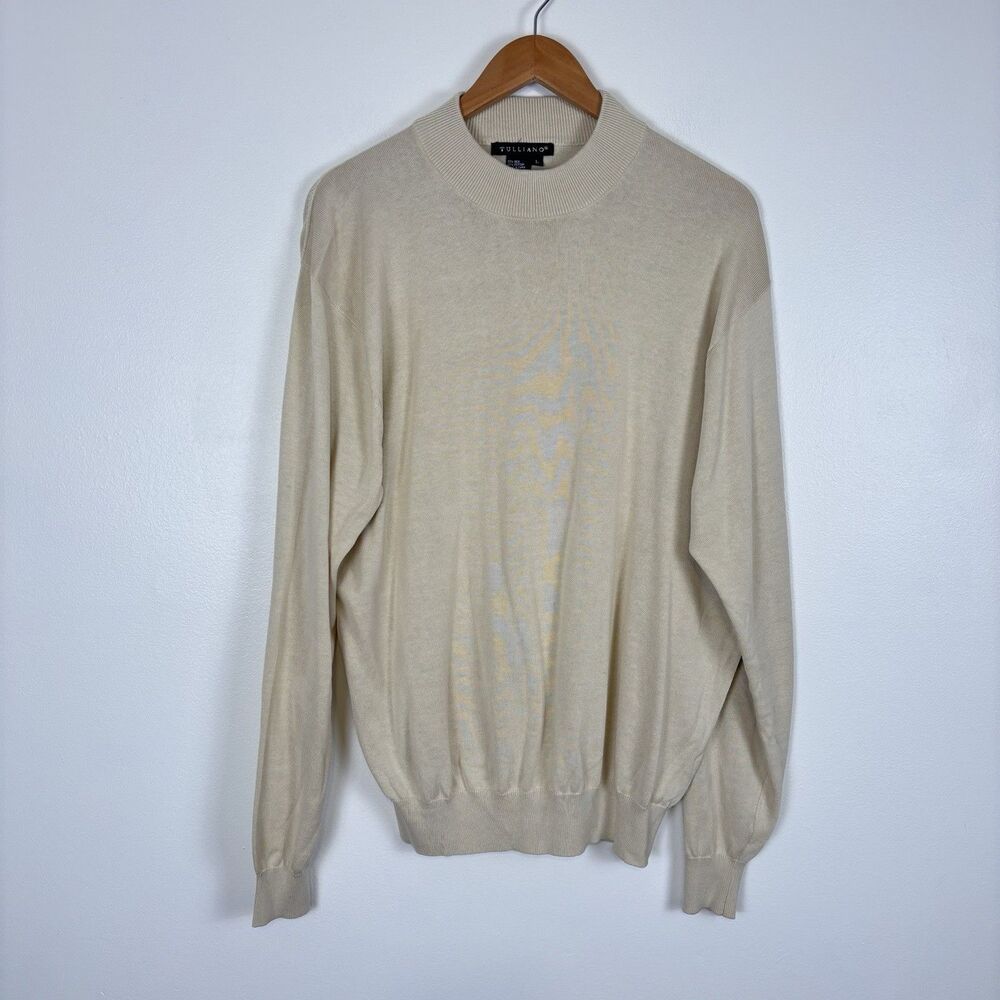 Tulliano Sweater Mens L Beige Silk Cotton Mock Neck Pullover Lightweight Flaw